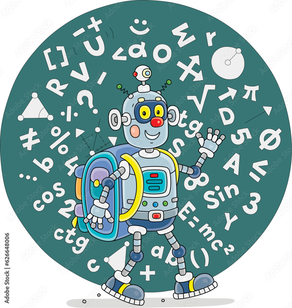 Decimal Bot Cartoon Math Funny robot schoolboy with its schoolbag, friendly smiling, waving in ...