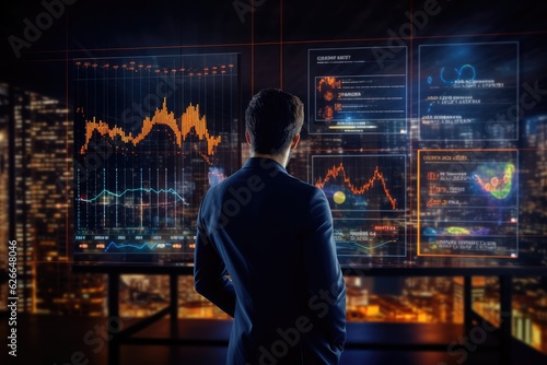 A businessman is an analyst working with a digital financial business. Illustration of future technologies