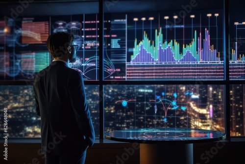 A businessman is an analyst working with a digital financial business. Illustration of future technologies