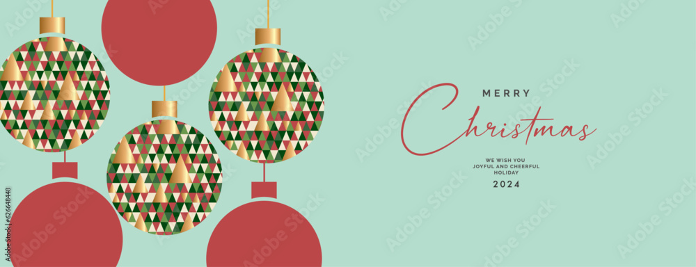 Merry Christmas and Happy New Year banner, greeting card, poster, holiday cover, header. Modern Xmas design. Triangle patterned christmas balls and red balls. Light green background.