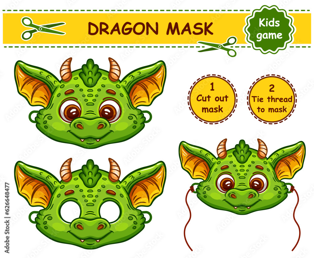 Fairy dragon fire reptile carnival face mask. Fantasy dinosaur monster New Year, Christmas children holiday head decoration. Magical lizard animal character. Masquerade costume. Kid craft page. Vector Fairy dragon fire reptile carnival face mask. Fantasy dinosaur monster New Year, Christmas children holiday head decoration. Magical lizard animal character. Masquerade costume. Kid craft page. Vector