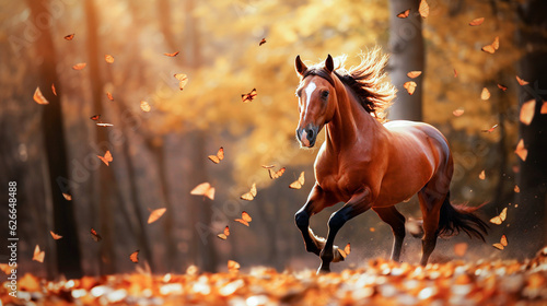 Photographie Beautiful bay horse galloping in autumn forest with falling leaves