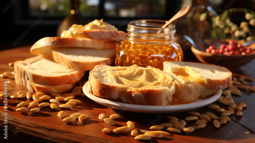 Walnut paste bread and honey on the table, rustic style, calorie food concept Walnut paste bread and honey on the table, rustic style, calorie food concept