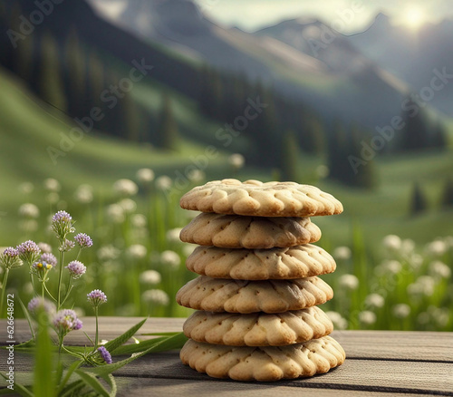 Homemade cookies stacked on top of each other on an alpine background with flowers.