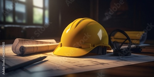 Construction helmet and blueprints