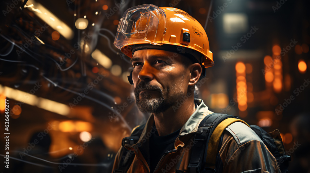 Construction worker wearing an orange hard hat. Development concept. BIM and digital twin concept. Construction worker wearing an orange hard hat. Development concept. BIM and digital twin concept.