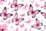 Pink bright watercolor butterflies on white backdrop