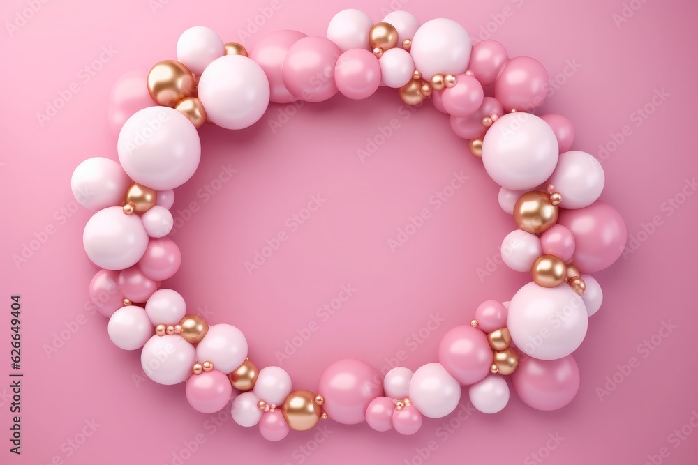 Balloon garland decoration elements. Frame arch for wedding, birthday, baby shower party celebration. Pastel pink and gold banner background with round empty space. 