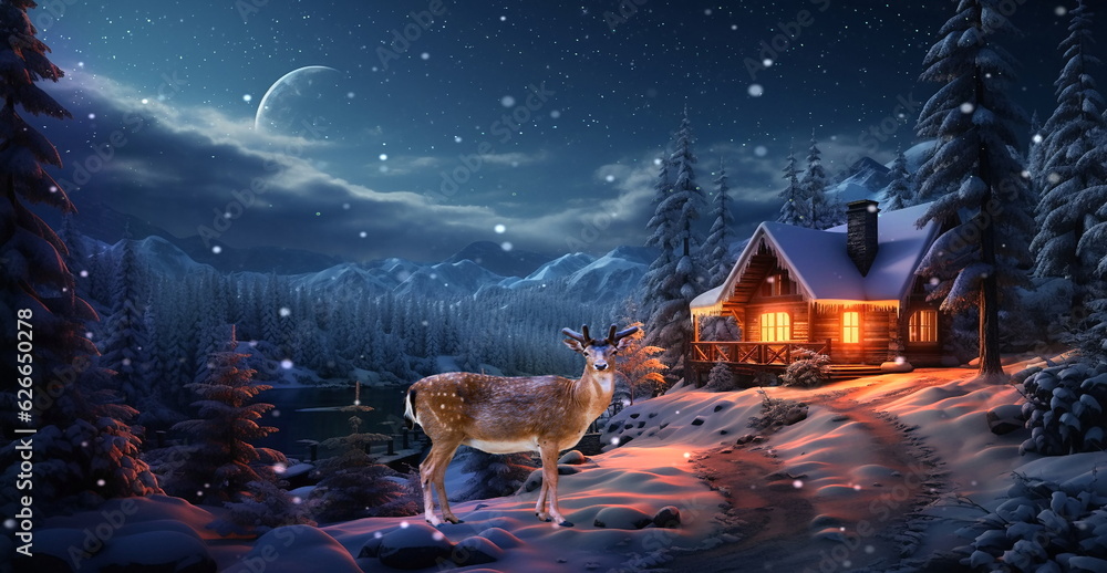 Naklejka premium Starry night ,full moon ,winter forest , Christmas trees ,wooden cabin with light in windows, ,pine trees covered by snow ,winter Christmas festive background