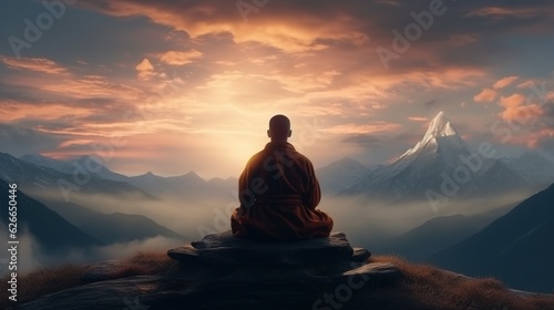 Back view of a man sitting in yoga pose in the sunrise with a mountain range in front of him. Serene warrior find spirituality and wellbeing. Mental health concept.  © Login