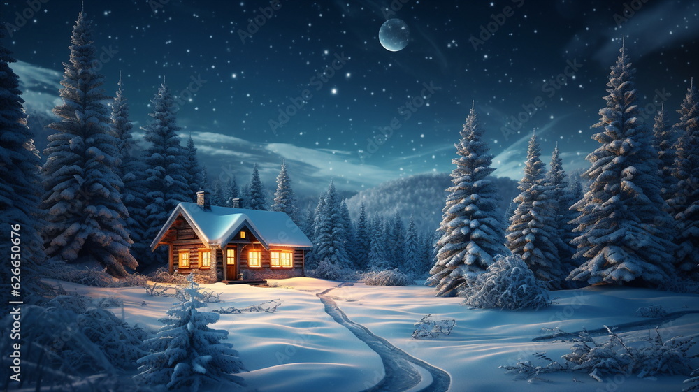 Starry night ,full moon ,winter forest , Christmas trees ,wooden cabin with light in windows, ,pine trees covered by snow ,winter Christmas festive background