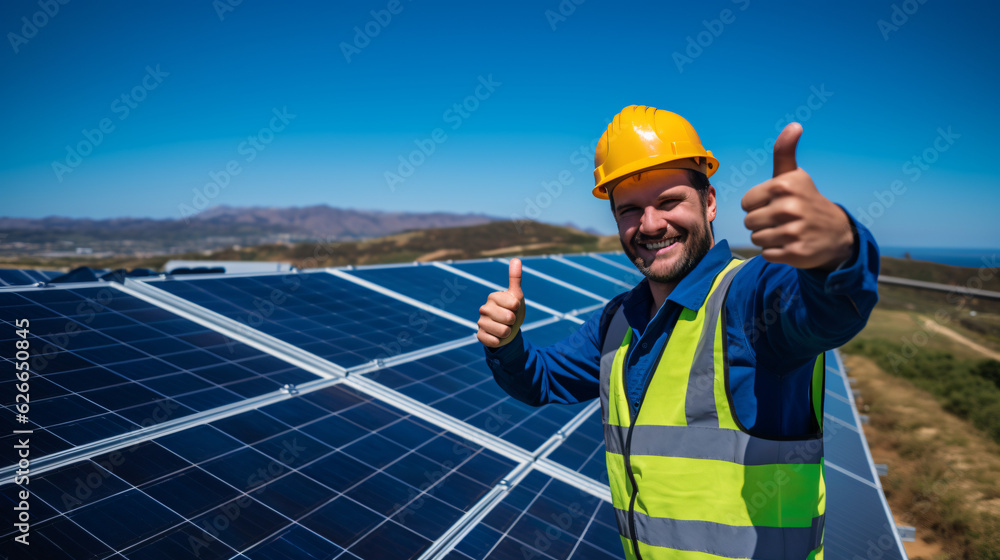 Sustainable life: A worker next to solar panels with thumb up.
Generative AI Sustainable life: A worker next to solar panels with thumb up.
Generative AI