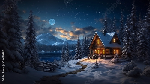 Starry night  full moon  winter forest   Christmas trees  wooden cabin with light in windows   pine trees covered by snow  winter Christmas festive background