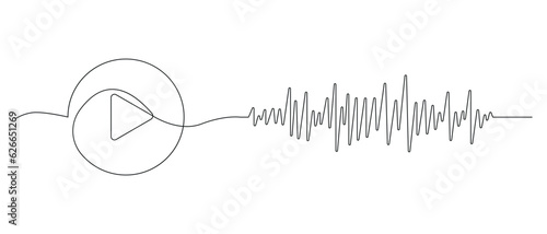 Play button with audio track drawn in one continuous line. One line drawing, minimalism. Vector illustration.