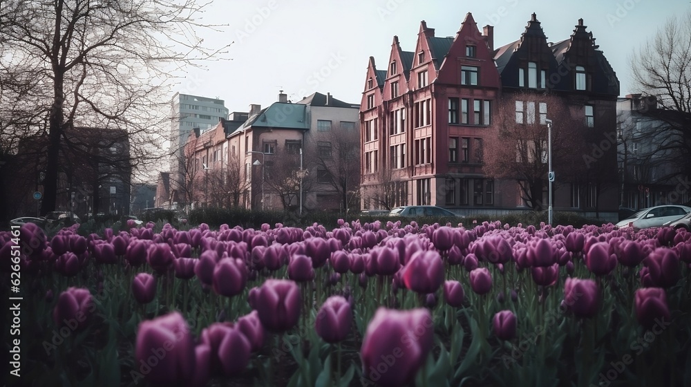 Futuristic contrast town with big tulips. Generative AI
