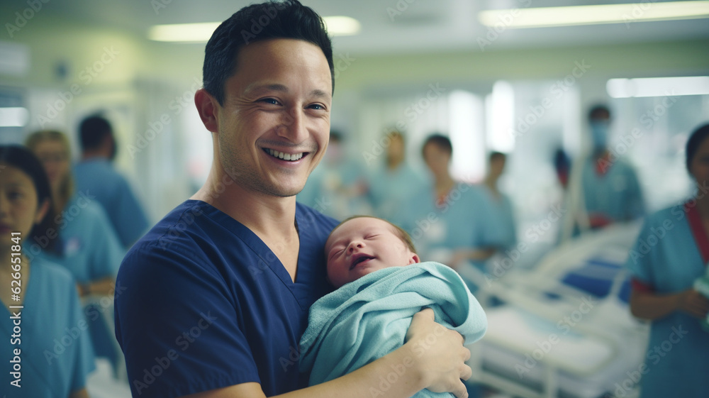 Joyous father embracing his newborn baby surrounded by caring hospital staff Joyous father embracing his newborn baby surrounded by caring hospital staff