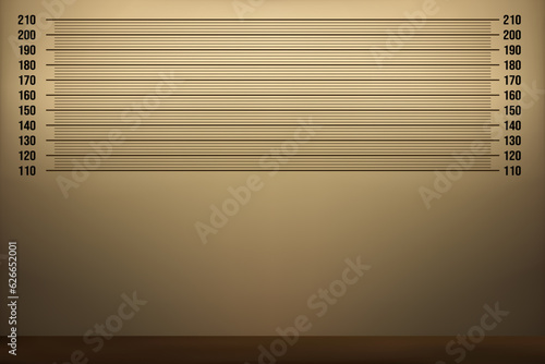 Realistic mugshot mockup. A dirty room with height markings in centimeters and an ominous backlight on the wall. Identification of suspects at the police station. Vector illustration.