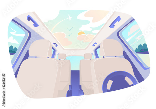 Car interior, cars inside. Empty car interior. Elements of interior - passenger seats, steering wheel. Traveling and traveling by car. Cabin, driver's view inside car with steering wheel