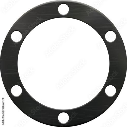 Round black rubber gasket with six small and one big circular holes. Realistic vector illustration of a technical product for insulation in pipelines and car in flanged connections
