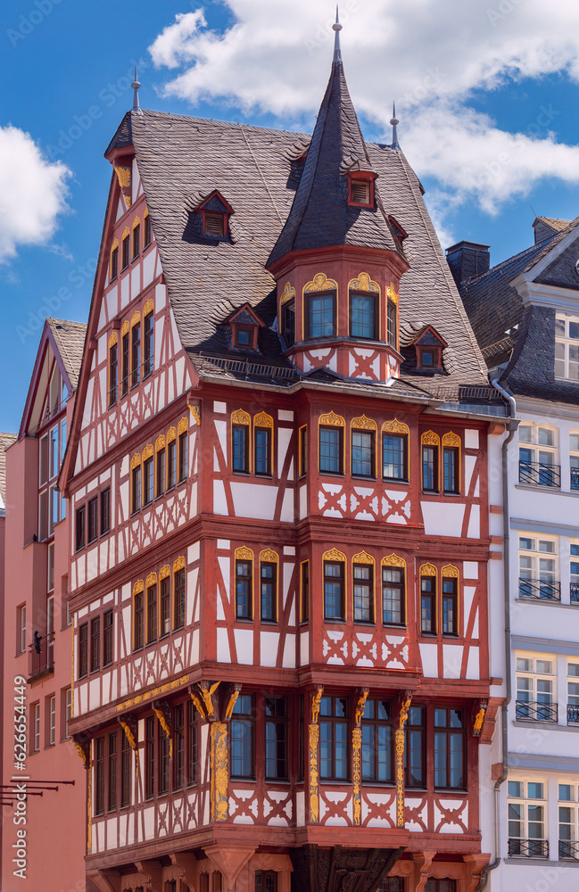 Old medieval house on the market square in Frankfurt am Main on a sunny day.