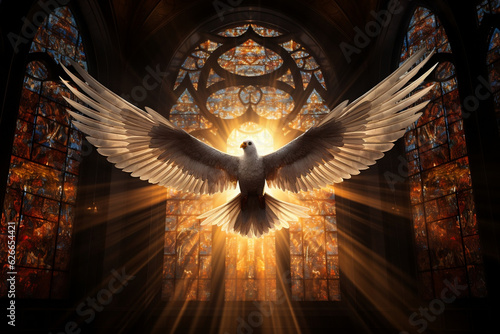Photo Stained glass dove descending ami beams of light into church