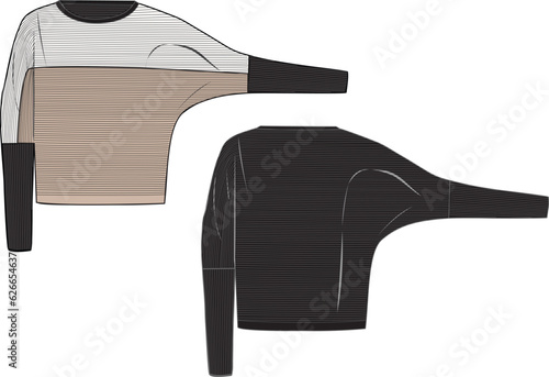 Women's Links Stitch, Color-block Batwing Sweater- Technical fashion illustration. Front and back, colored. Women's CAD mock-up.