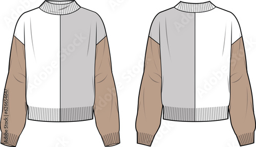 Women's Bicolour High Neck Sweater- Technical fashion illustration. Front and back, colored. Women's CAD mock-up.