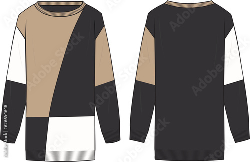 Women's Round Neck, Colour-block Tunic. Technical fashion illustration. Front and back, colored. Women's CAD mock-up.