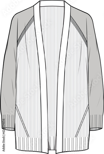 Women's Raglan Sleeve Cardigan. Technical fashion illustration. Front, white color. Women's CAD mock-up.