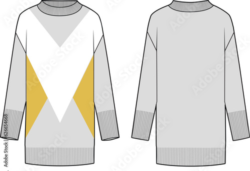 Women's High Neck, Colour-block Tunic. Technical fashion illustration. Front and back, colored. Women's CAD mock-up.