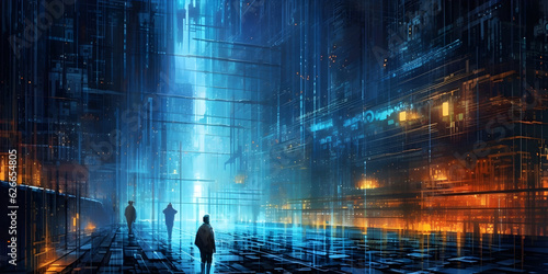An encrypted digital fortress protecting sensitive data, illuminated by a grid of pulsating neon lights, amidst a sprawling metropolis. Generative ai.