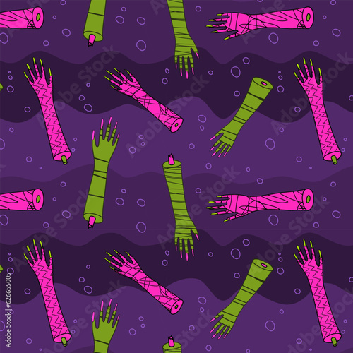 Halloween seamless pattern of textured green and pink zombie arms on purple background with bubbles; spooky comic surface design of cartoon monster hands with long nails