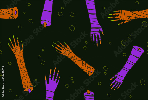 Halloween seamless pattern of textured purple and orange zombie arms on dark green background with bubbles; creepy comic surface design of cartoon monster hands with long nails