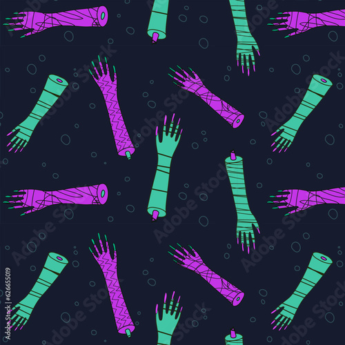 Cartoon Halloween repeat background of purple and turquoise zombie arms on dark blue filed; spooky monster pattern design.