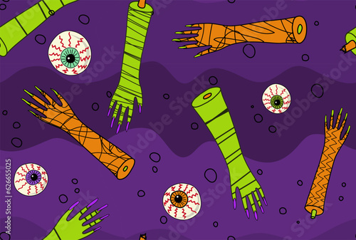 Halloween seamless pattern of zombie hands and eyeballs on purple background with texture; spooky surface design of cartoon green and orange monster hands and eyes