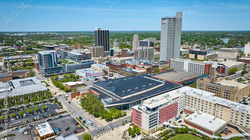 Cityscape skyline skyscraper downtown aerial city architecture businesses Fort Wayne