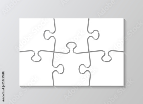 Puzzle mosaic layout with 6 details. Jigsaw pieces grid. Laser cut template. Layout of thinking mosaic game. White modern background. Infographic diagram. Vector illustration.