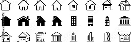 Set Of House Icons Isolated. Black silhouettes of houses and cottages. Vector illustration