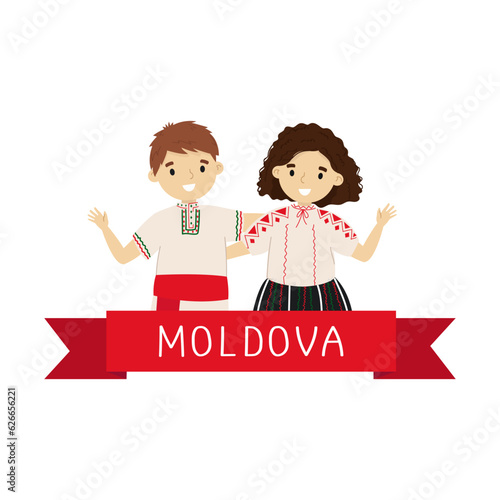 Two moldovan children dressed in national costumes. Moldova Independence Day concept. Limba Noastra celebeation. Banner, poster, brochure, greeting card template. Isolated on white.