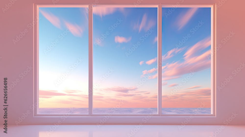 Front view of unfurnished contemporary interior with curtains, panoramic sky view and daylight. Front view of unfurnished contemporary interior with curtains, panoramic sky view and daylight.