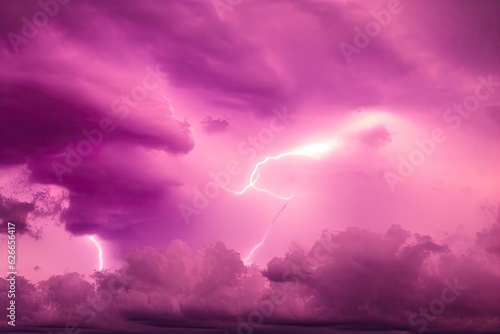 Bright purple violet clouds during storm, hurricane, rain and wind. Colorful dramatic sky and lightning
