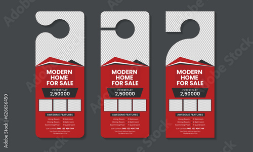 Real estate agency business door hanger design template, professional door hanging design with red color 