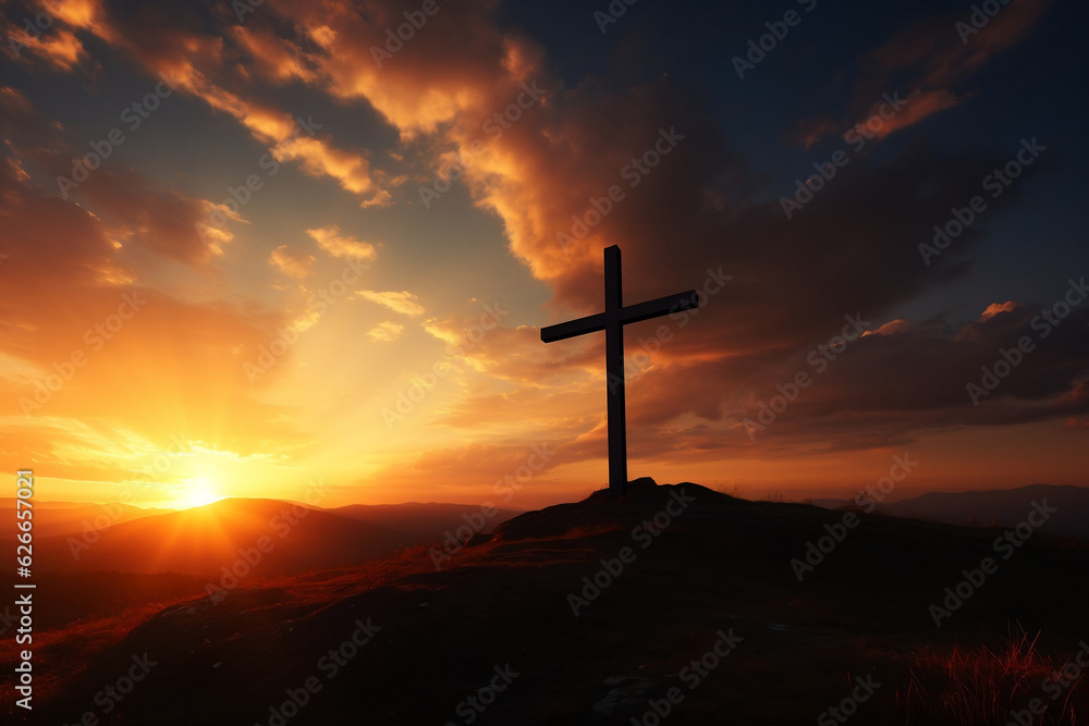 Silhouette of crucifix on hill against vivid sunset sky colors