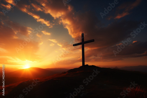 Silhouette of crucifix on hill against vivid sunset sky colors