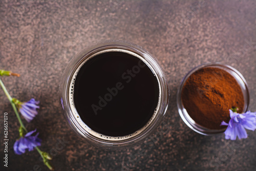 Close up of homemade alternative decaffeinated chicory drink in a cup on the table top view