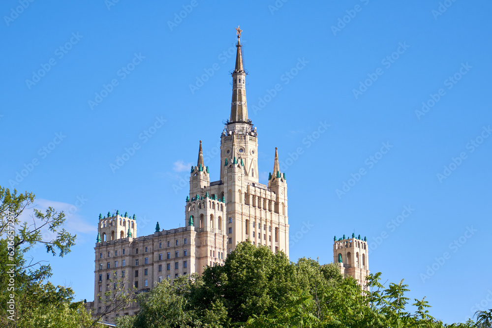 Moscow, Russia - July 22, 2023: High-rise building in Moscow against the blue sky