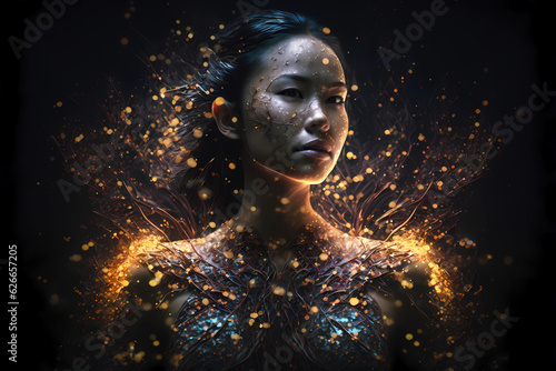 Portrait of a beautiful young woman with aura made of particles of light © Alcuin