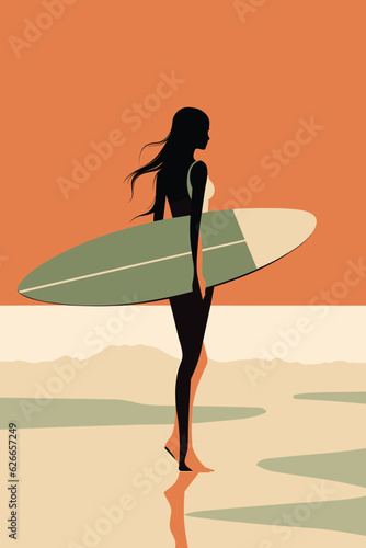 Flat Illustration of beach surfer girl, picnic fun, surfer board in hand, vector art