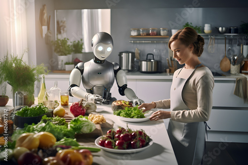 Humanoid robot helping woman in the kitchen