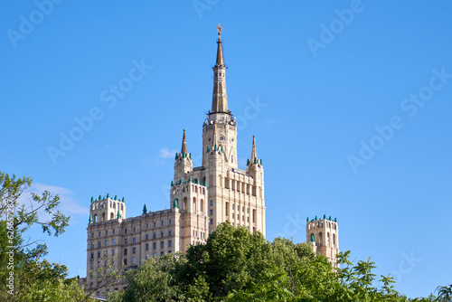 Moscow, Russia - July 22, 2023: High-rise building in Moscow against the blue sky